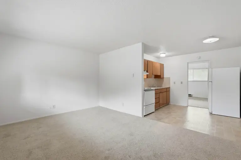 Carpeted living room open to the kitchen, with the refrigerator and a doorway to the bedroom