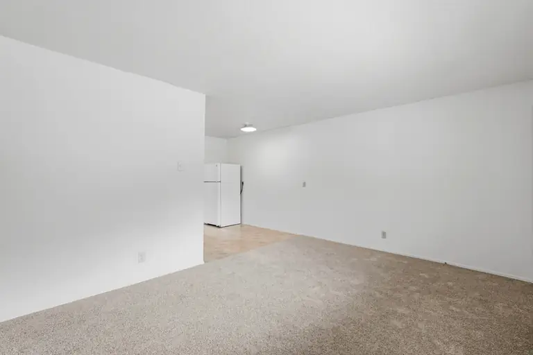Carpeted living area opening onto the kitchen and its refrigerator